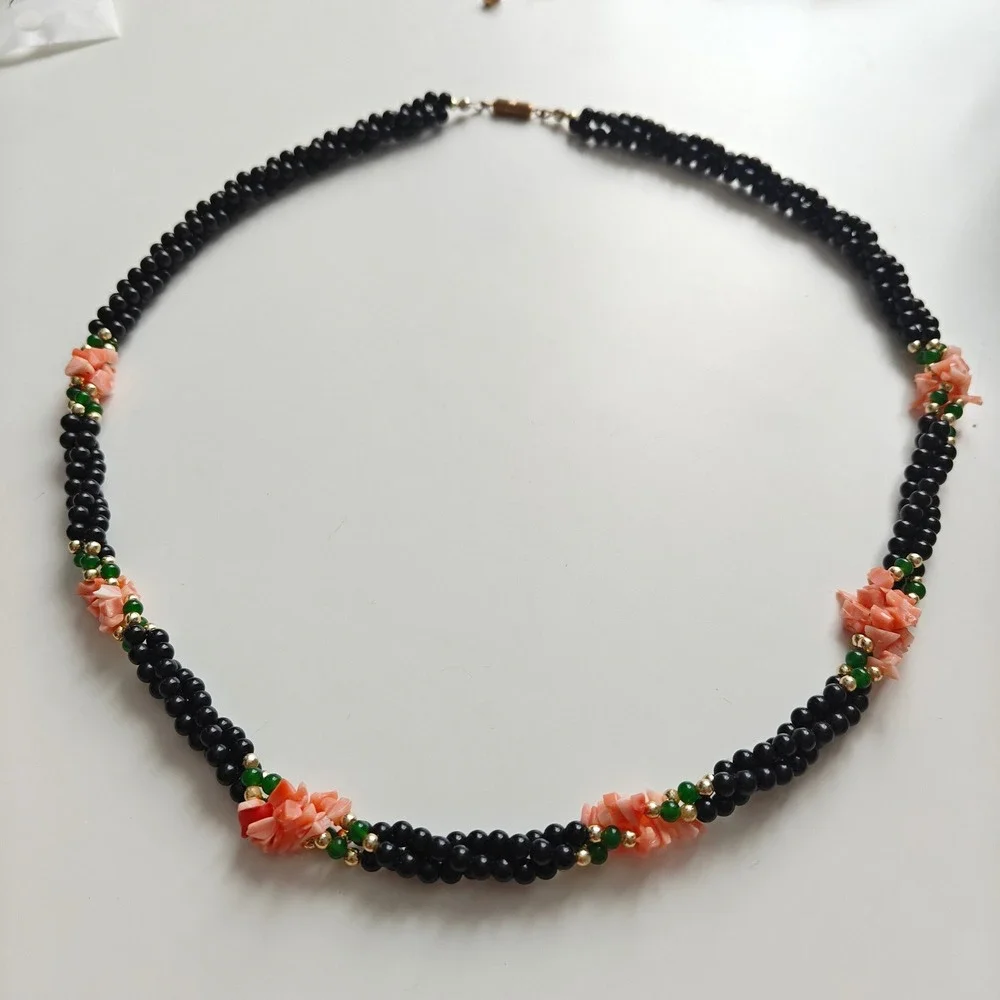 Vintage Black Beaded Necklace Pink Coral Green Jade Gold Tone Barrel Clasp 22